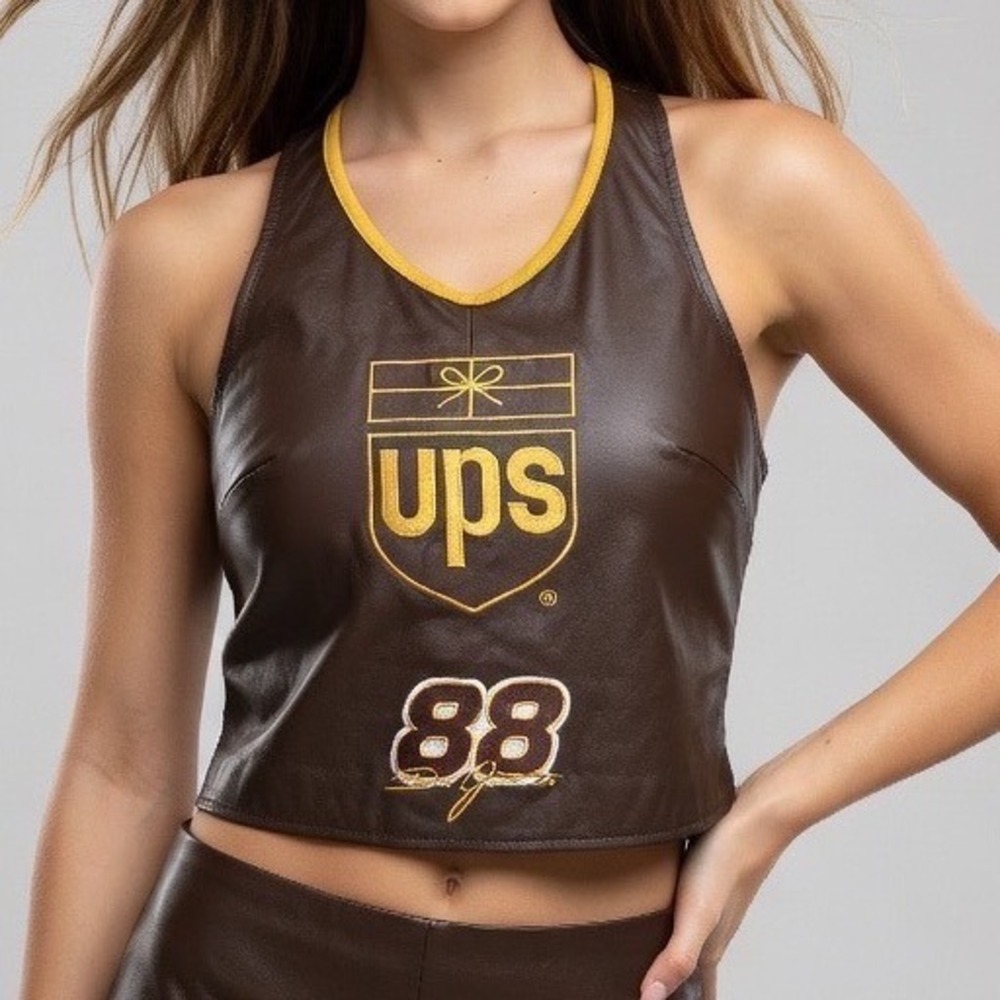 JH Design UPS NASCAR Dale Jarrett 88 Brown Leather Crop Tank Top Womens M Y2K